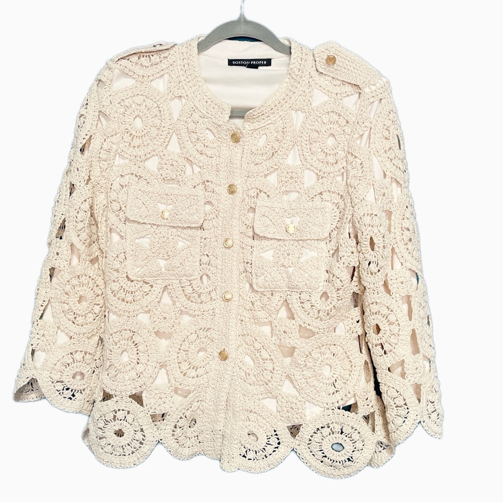 Boston proper Crochet Three Quarter Sleeve Jacket creme neutral size M - Picture 3 of 7